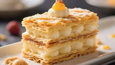 Millefeuille doré et croustillant garni d’une crème vanillée onctueuse, présenté sur une assiette poudrée de sucre glace lors du Master du Millefeuille 2025 à Deauville.